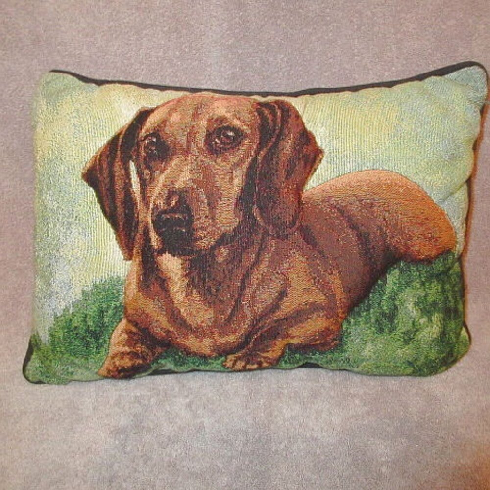 Dachshund Dog Tapestry Throw Pillow 3D Woven Weiner Sausage 16” Linda Picken Art